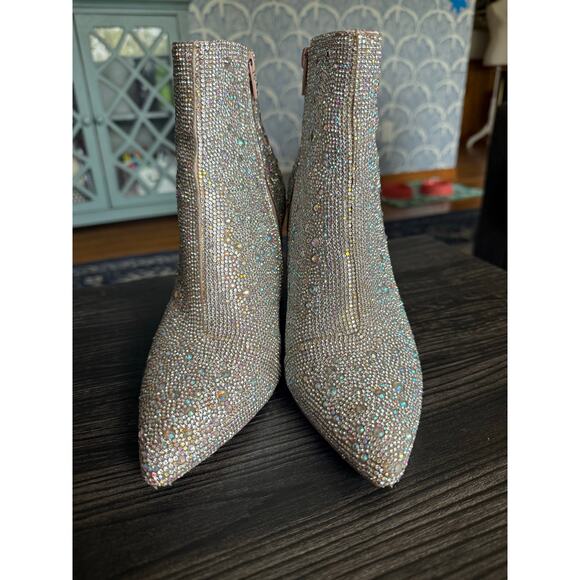 Betsey Johnson Cady Holographic Rhinestone Pointed-Toe Side Zip Ankle Boots 7.5 - Picture 1 of 8